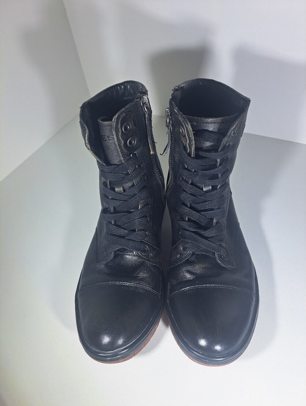 Diesel Black Leather Lace-Up Combat Boots with Brown Soles - Picture 5 of 10